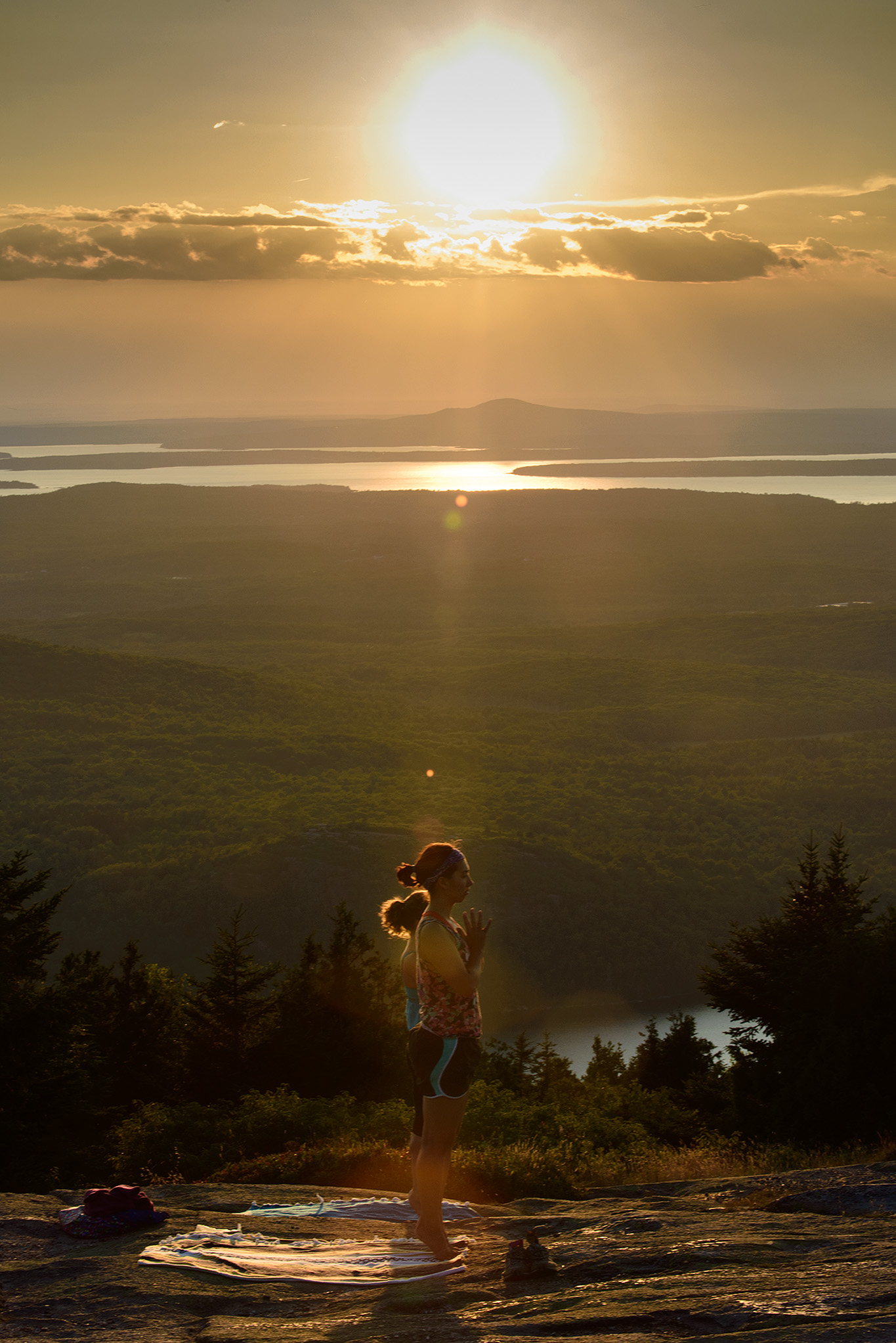 A yoga class on Cadillac Mountain, Acadia National Park