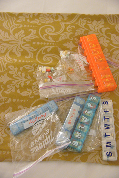 A two week trip to Ecuador with older relatives meant lots of pills...these sailed through security and customs, but then one case opened up in the middle of the flight and pills were rolling down the aisle! The owner of these got on the airplane floor to retrieve all the pills, but one was particularly tricky to retrieve, after a while she finally prevailed and came up triumphantly with...a cocktail peanut!!