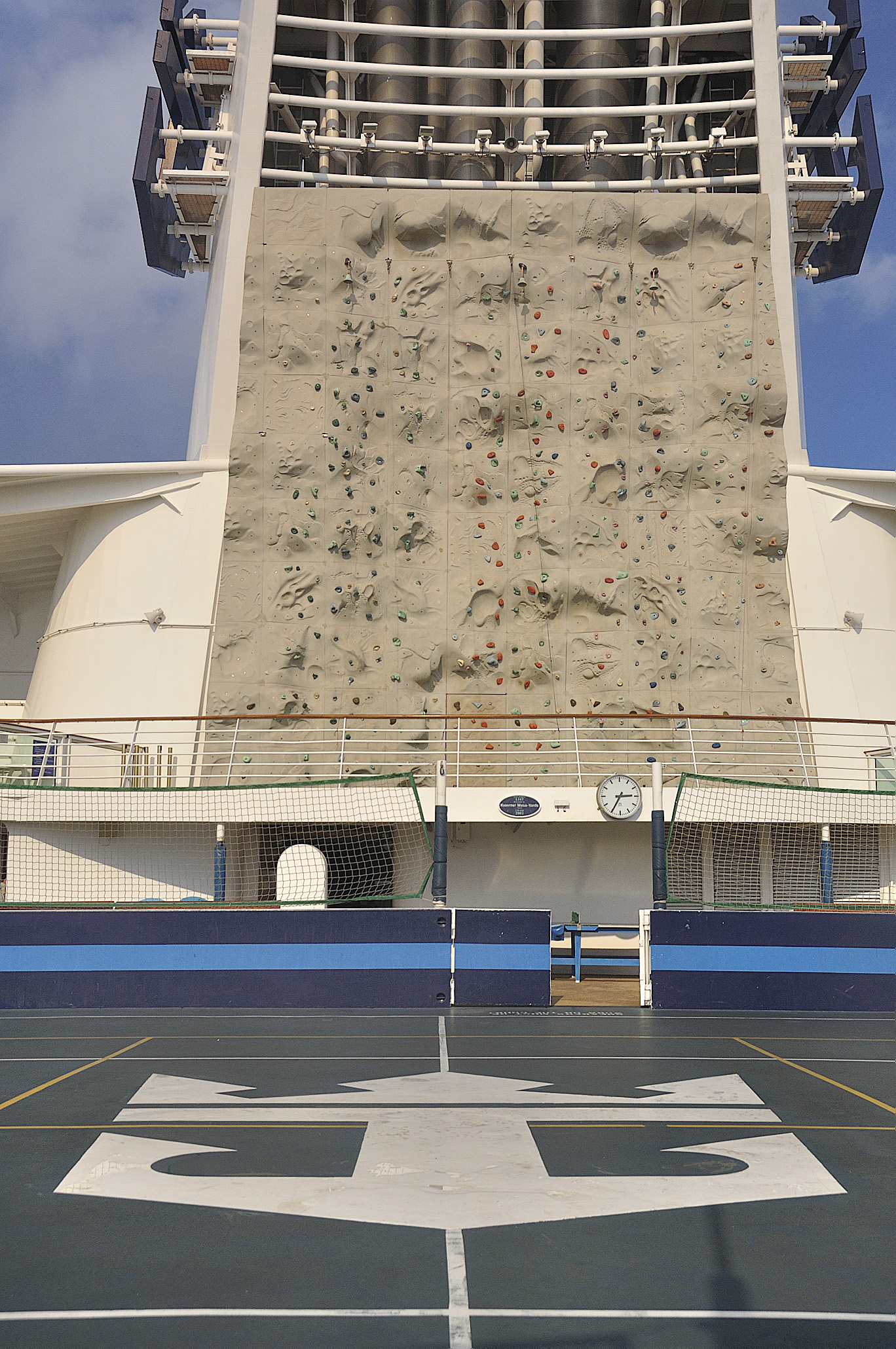 Basketball court and rock climbing wall