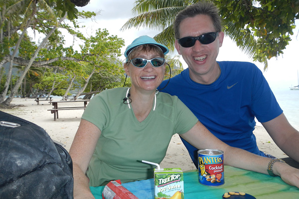Our pareo turned table cloth in Moorea for an impromptu beachside picnic during a bike ride.