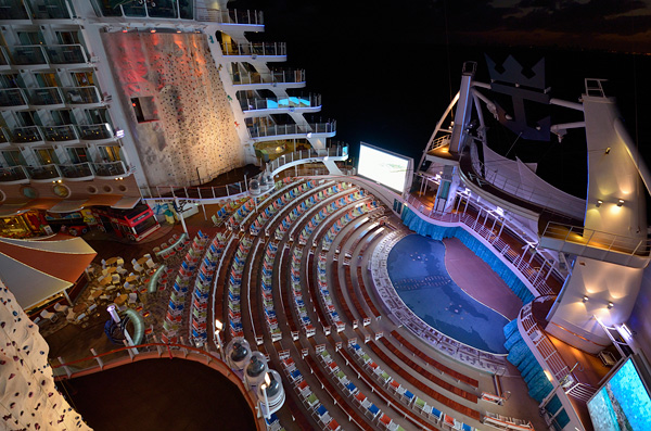 The Aqua Theater and rock climbing wall at night