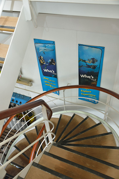 The stairs down to the water sports platform