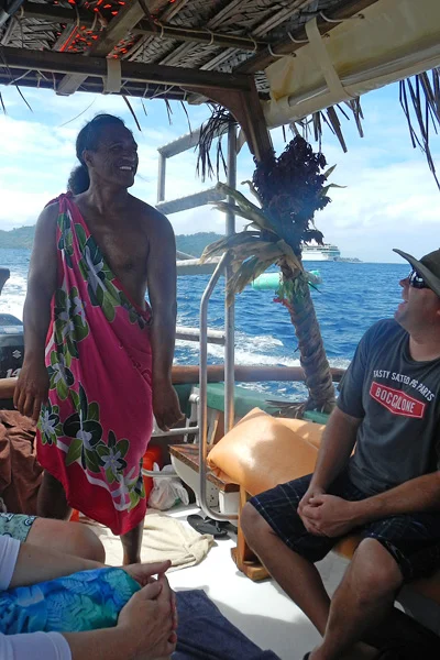 Patrick Tairua in Bora Bora rocks his pink pareo while taking tourists out on boat trips to the reef. You might recognize Patrick from his appearance on Amazing Race.