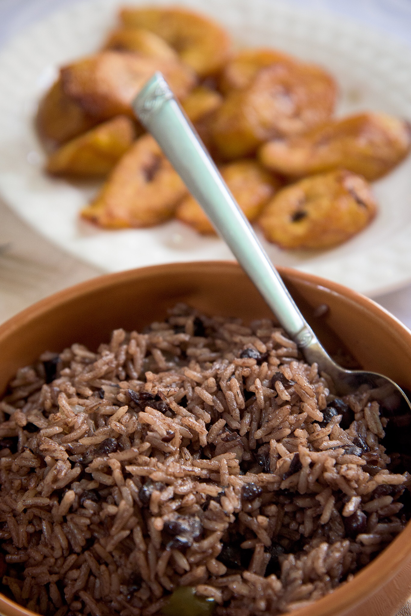 A typical meal served during our visit to Cuba; fried plantains and rice and beans. 