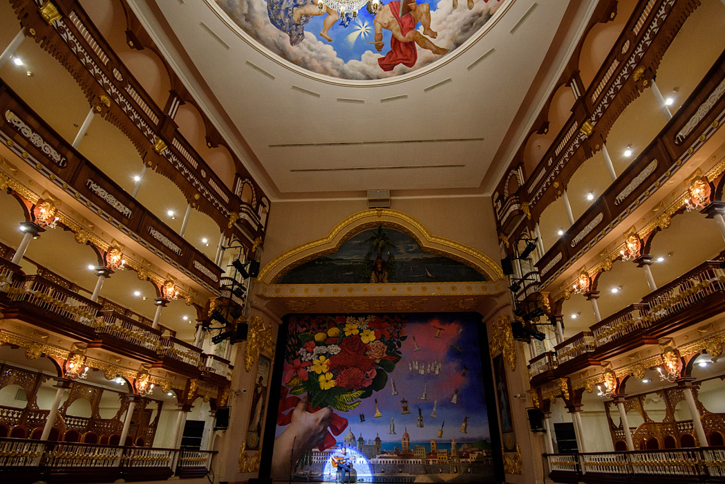 The interior of the Teatro Heredia is beautifully restored and had a fascinating art work on the back drop that featured many of the statues we had seen around town earlier in the day!
