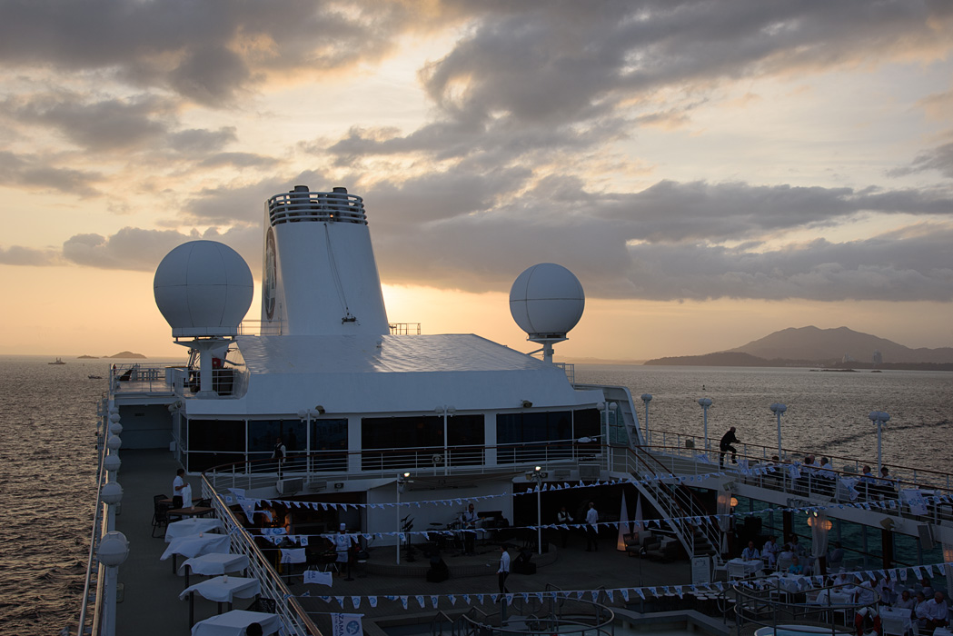 Azamara Journey anchored in Fuerte Amador in the Pacific outside of Panama City after passing through the Panama Canal