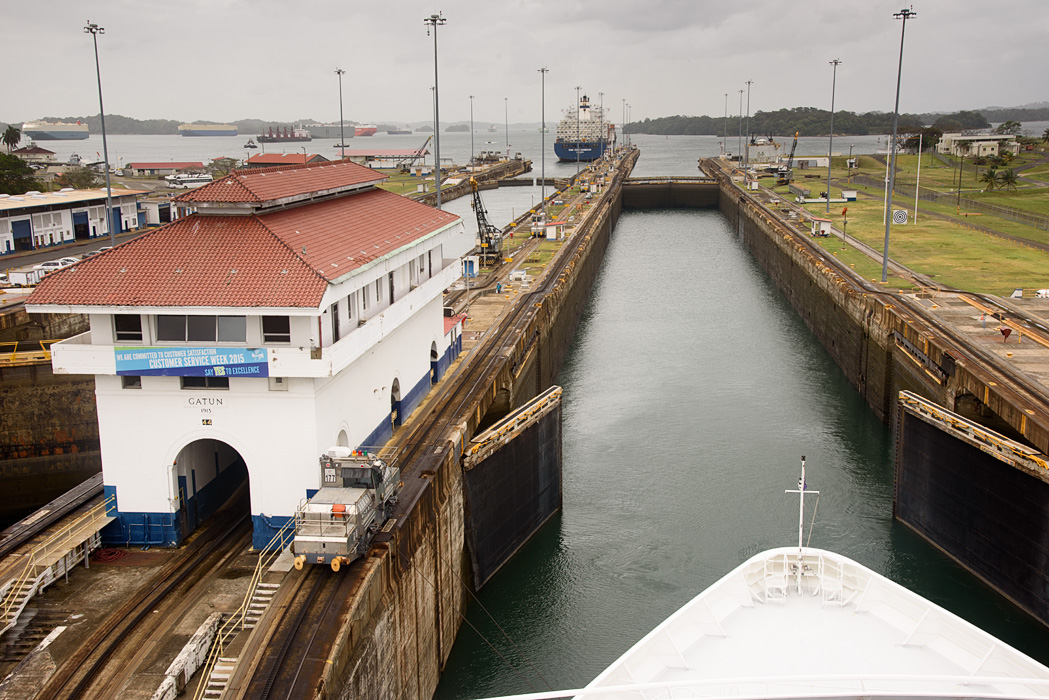 The Azamara Journey enters the Gatun Locks to start a full transit of the Panama Canal