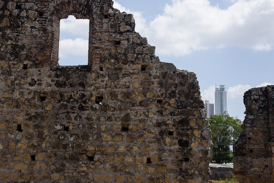 Panama Viejo- ruins of the original Spanish settlement, a UNESCO heritage site, with "new" Panama in the background.