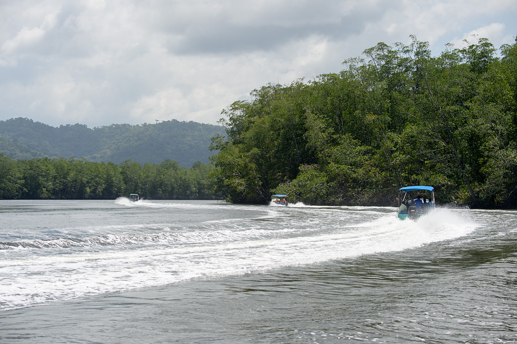 Boats make their way out of the Sierpe River to the Pacific to get to Drake Bay