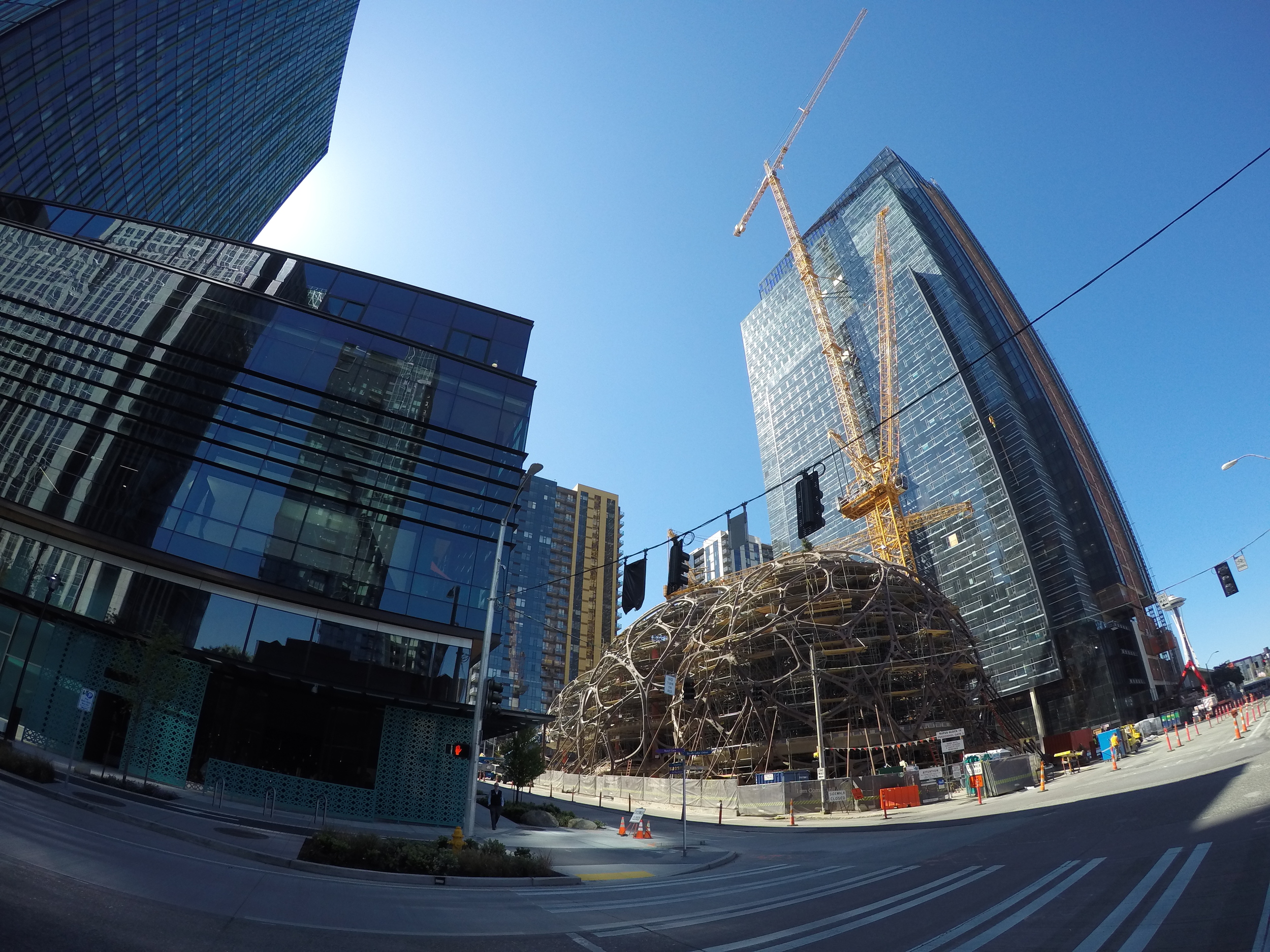 This structure is a new building being built by Amazon to connect buildings on their campus, it will have a unique shape and when the scaffolding is removed will be a glass dome. 