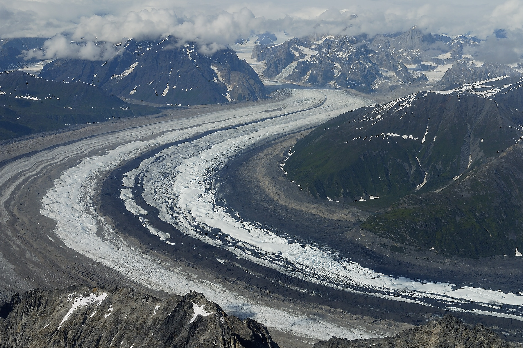 Glaciers look like super highways of ice flowing down the mountains