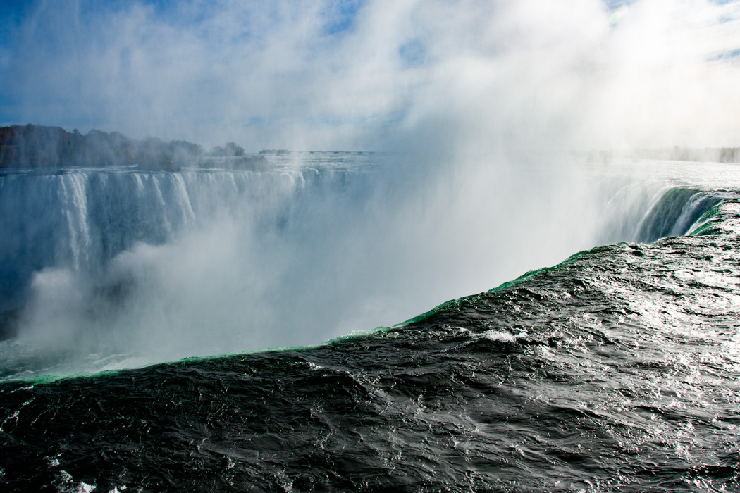 The power of the Horseshoe Falls can be felt in the spray coming up in the faces of the tourists standing against the railings on the Canadian side. Sometimes the direction of the spray can create a fog that obscures the view!
