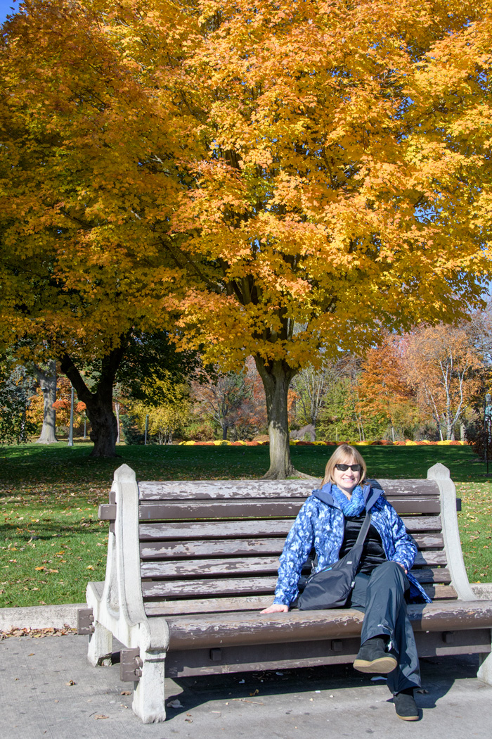 Yours truly opted for the 3-D realistic, spectacle of Niagara Falls and fall foliage from a comfortable FREE bench along the walkway in Niagara Park! Realistic spray from the falls included!