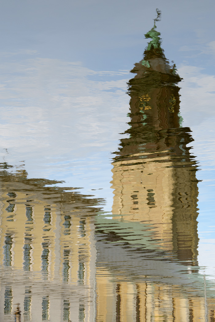 Reflection of the clock tower on Norra Hamngatan