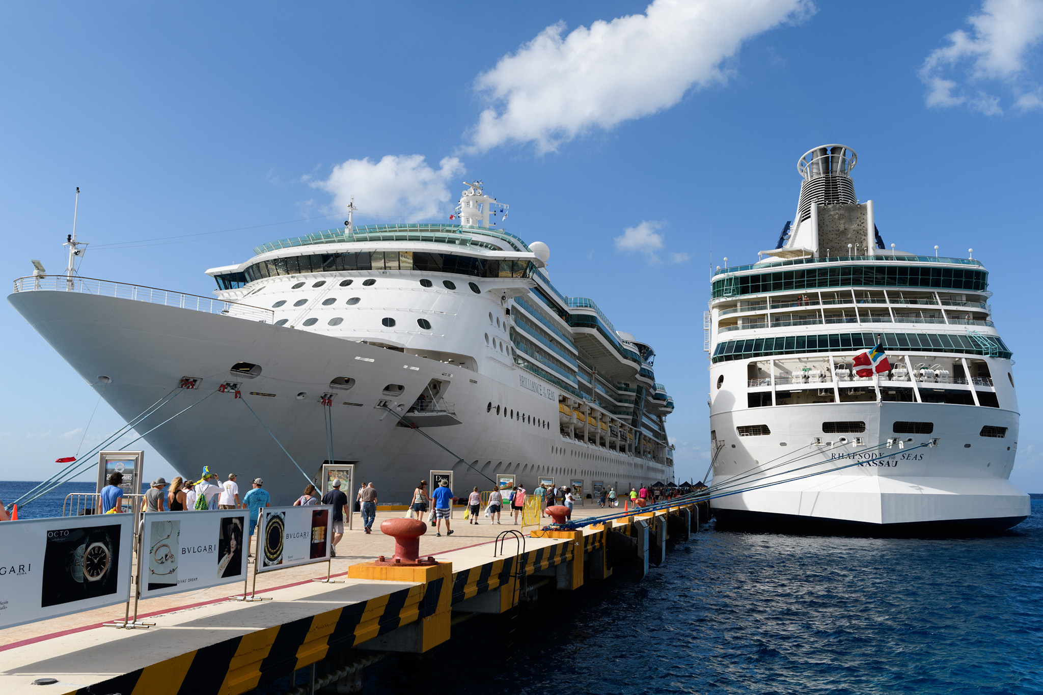 Rhapsody of the Seas finally found a "parking spot" alongside Brilliance of the Seas.