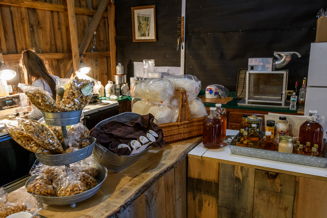 Lot's of maple treats, including maple popcorn, maple cotton candy, maple cream, and every kind of maple candy and syrup. 