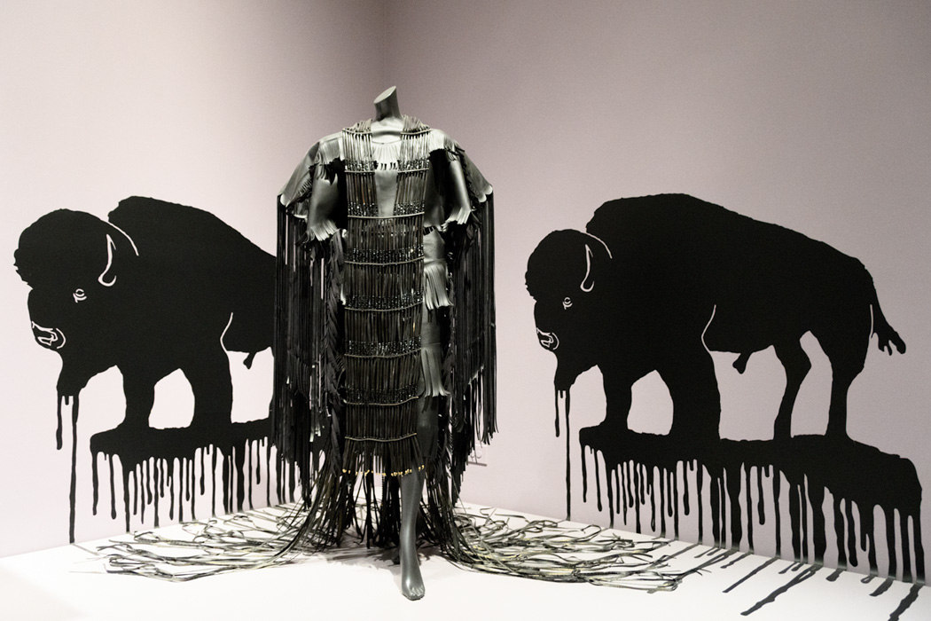 A current exhibit of modern Native American Fashion; exploring heritage through modern clothing designs such as this take on a ceremonial dress.