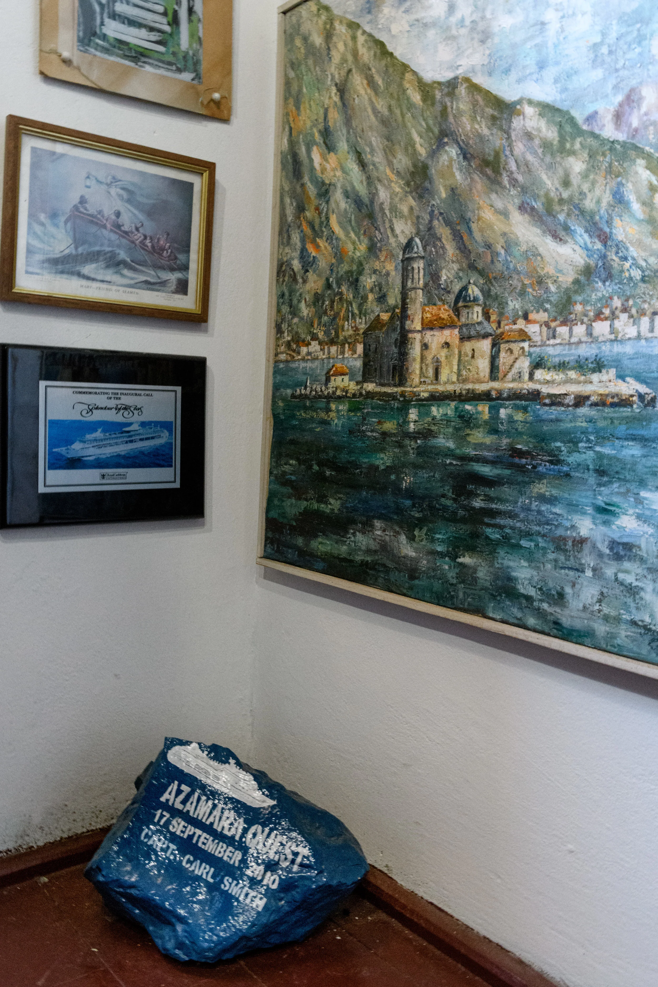 The Azamara Quest "rock" added at the museum in Our Lady of the Rock, above the rock is a painting of the church, built upon a bed of rocks piled in the bay over the years.