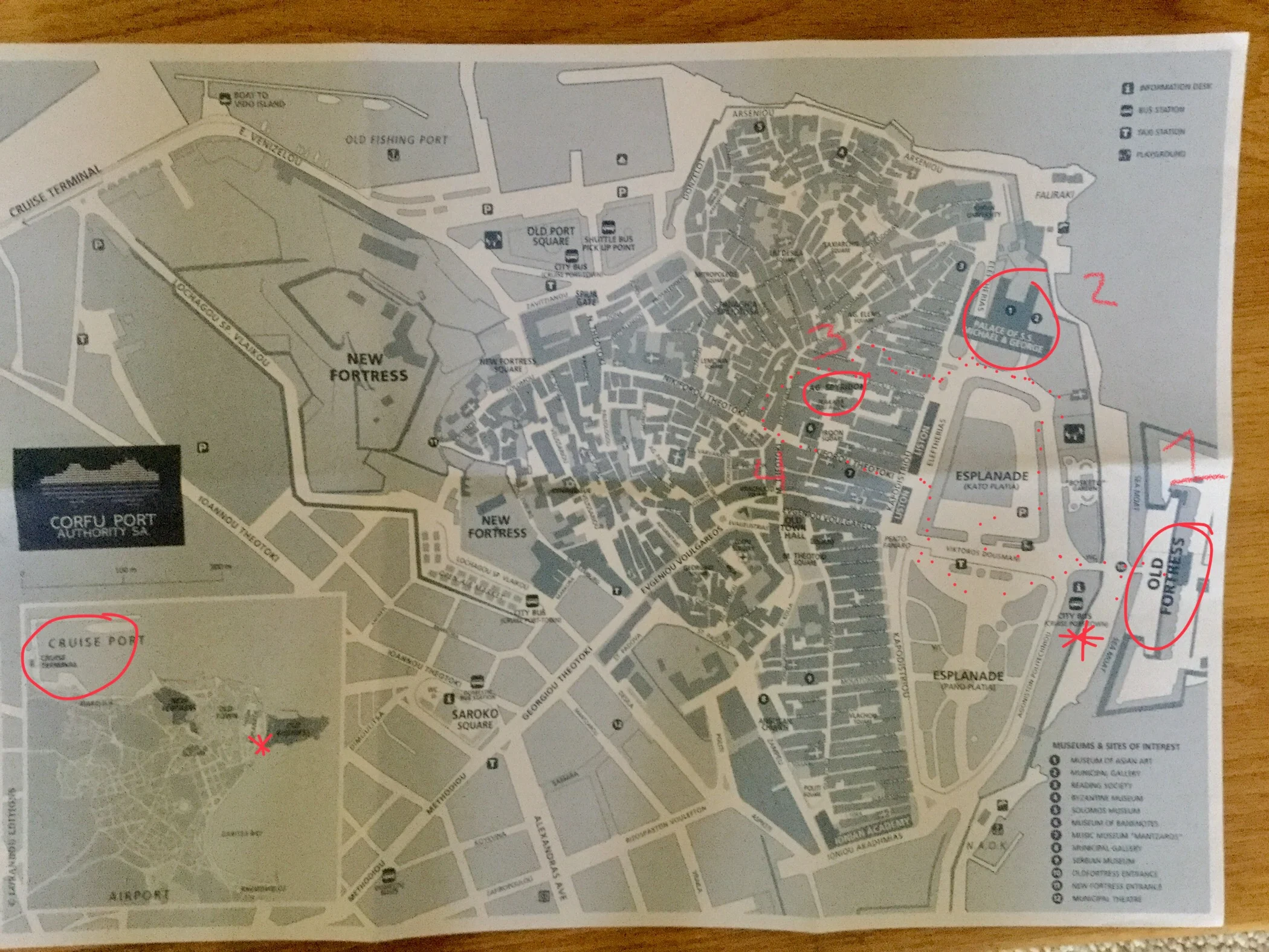 The cruise port (circled on the left) is quite a distance from Corfu Town. The cruise ships provide a shuttle bus which goes to the spot noted with the asterisk. From the bus stop, it's an easy walk to the major sites in Corfu town. We visited 1) Old Fort 2) Palaces of St. Michael and St. George 3) Spyridon Church 4) The shops and cafes of Corfu Town