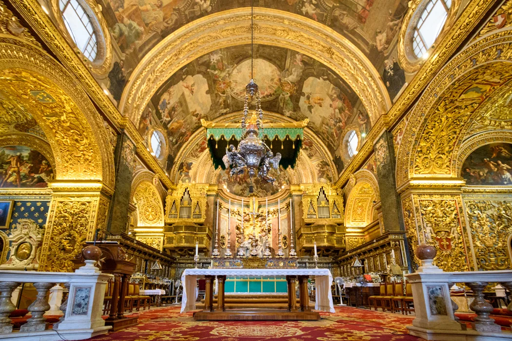 The spectacular gold nave of the Cathedral of St John. Below, details of art in the Cathedral. (Click on any image to expand)