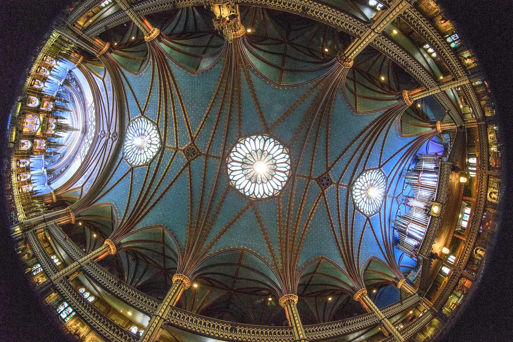 A fish eye lens view of the ceiling of the Basilica from altar (left) to organ (right)