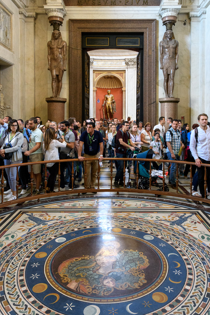Mosaic of Athena in Round Room of the Vatican Museum, the bronze Hercules in the back ground above. Below, details of the Belvedere Torso, (believed to inspire Michelangelo's work in the chapel) bronze Hercules and detail of the mosaic floor below. (click any image to expand)