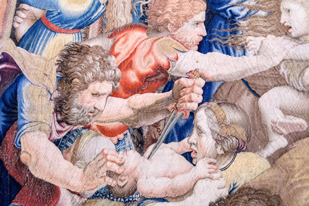 A detail from a tapestry depicts the massacre of the innocents from the Gospel of Matthew. 