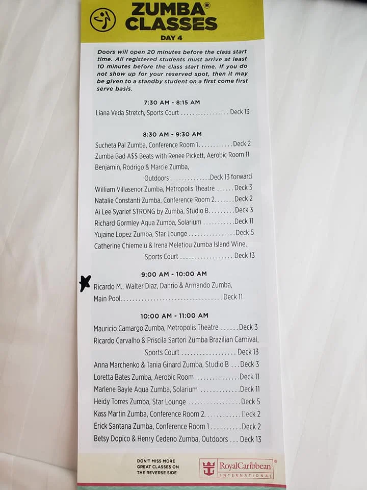A full docket of Zumba themed classes are included with my charter cruise, plus DJ's and live musical acts every night. These extra activities add to the cost, but were well worth price!