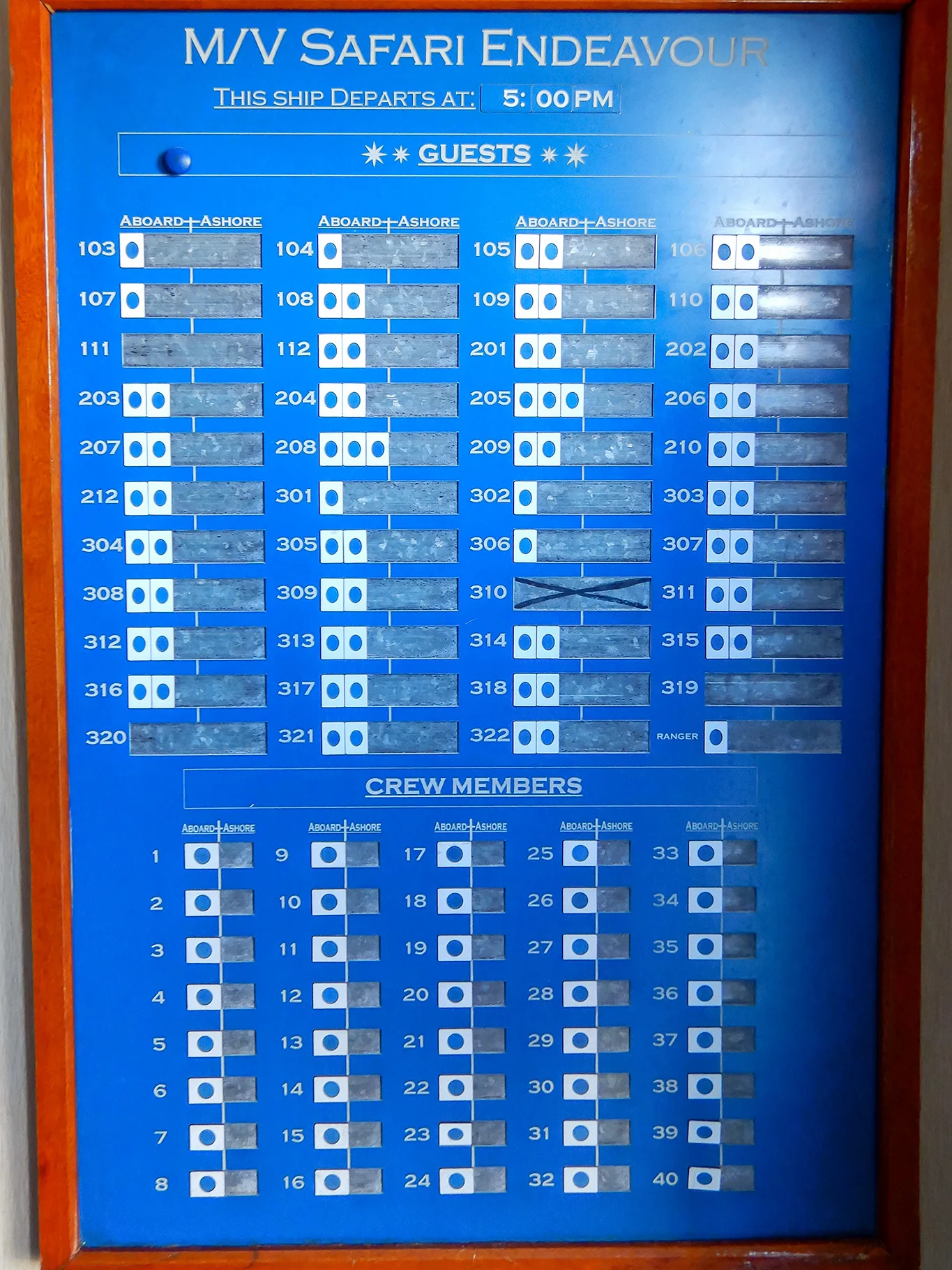Instead of a sea pass card, everyone logs in and out on a board, ala summer camp style! 
