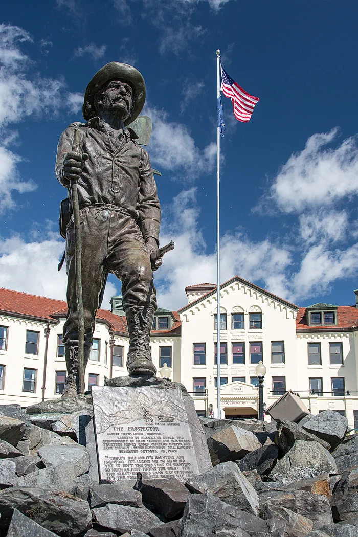 Our hotel in Totem Square was in sight of the Prospector Statue and the Pioneer Home