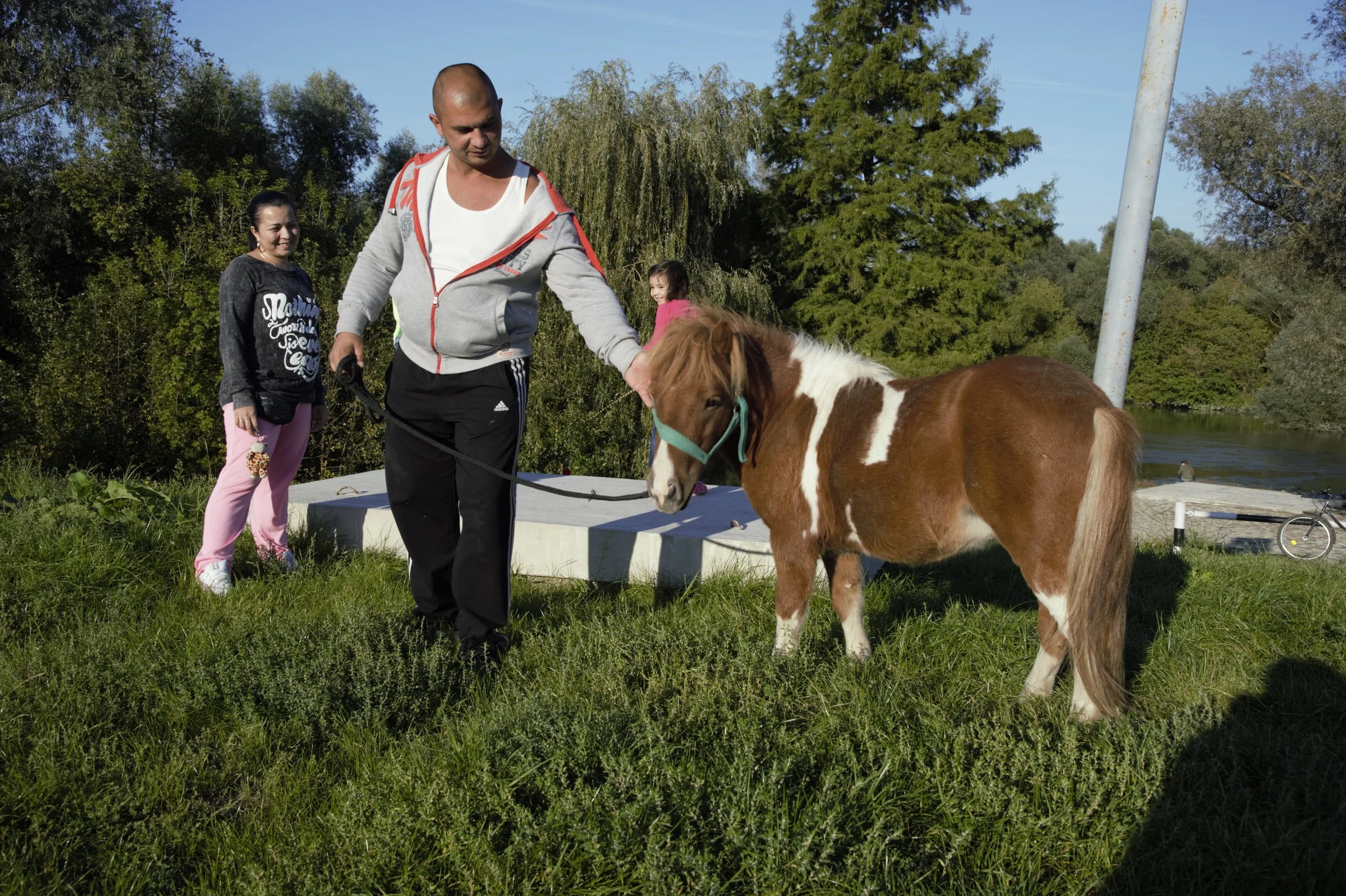 A family takes their pony for a “walk” along the Danube in Mohacs