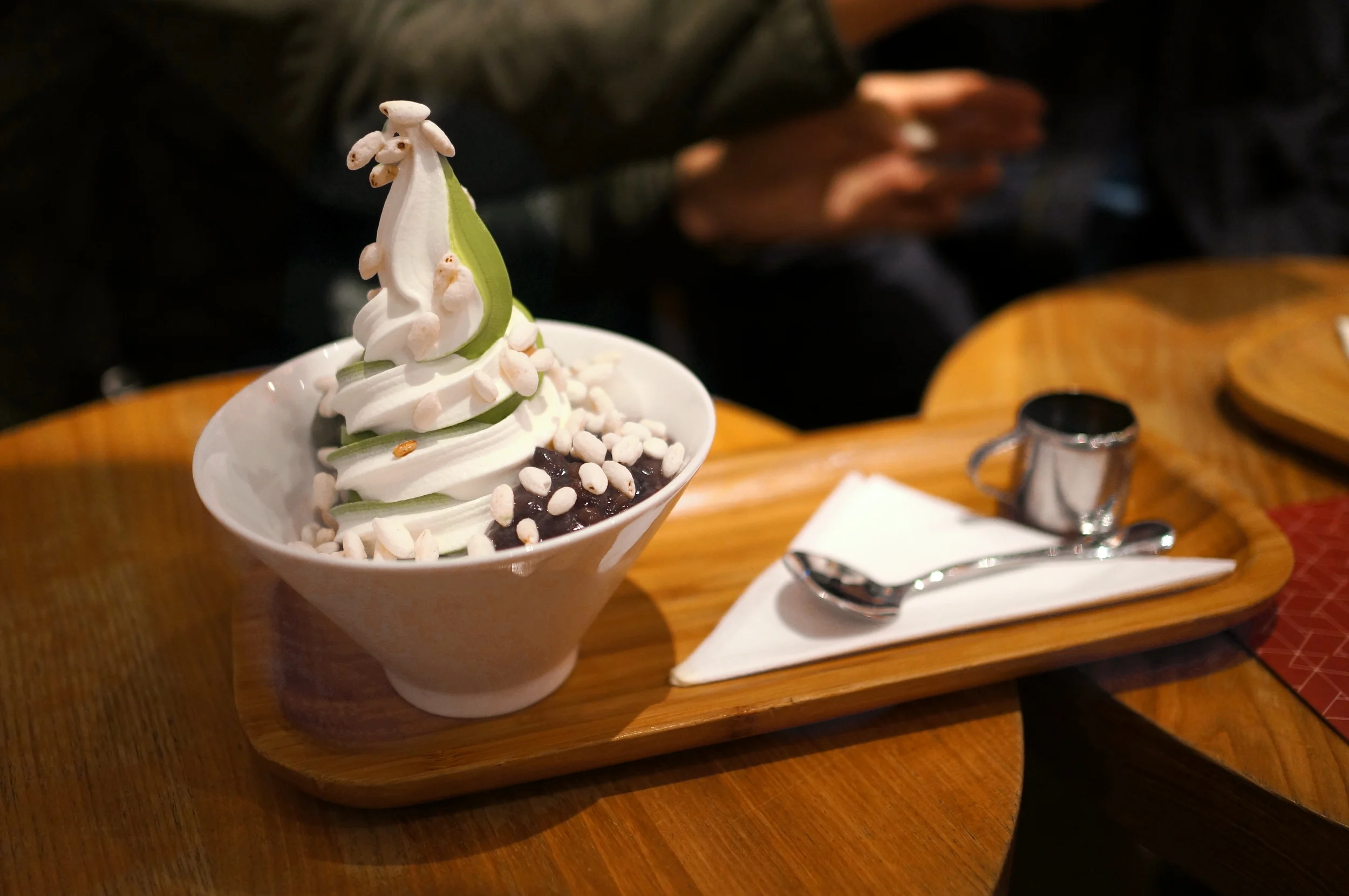 Matcha and Hokkaido milk ice cream with a side of kuromitsu (sugar syrup). Photo credit: Jean Roasa