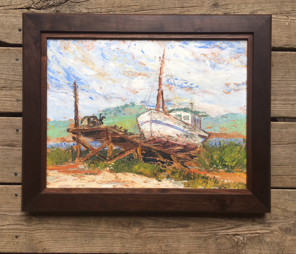 Vintage boat painting given a fresh walnut frame with walnut insert.