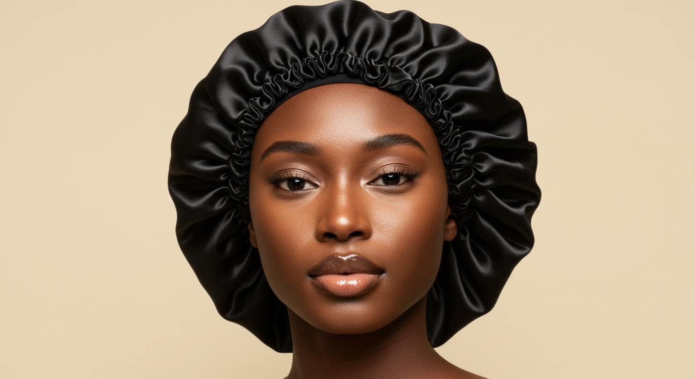 beautiful brown skin woman wearing a black satin bonnet with ruching around the edges