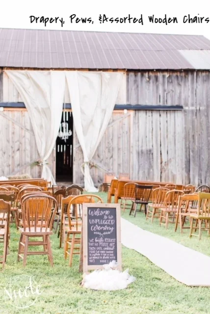 Drapery, Pews, Benches, and Assorted Wooden Chair Rentals