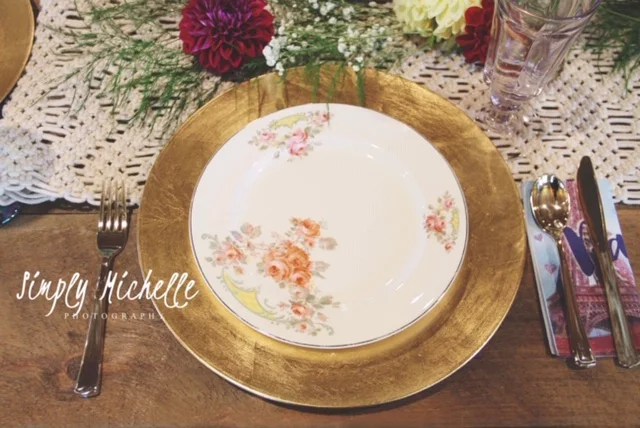 China and Assorted Vintage Plate, and Charger Plate Rental
