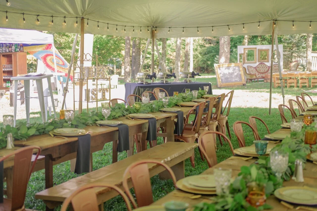 farmhouse tables, benches and copper chair seating .jpeg