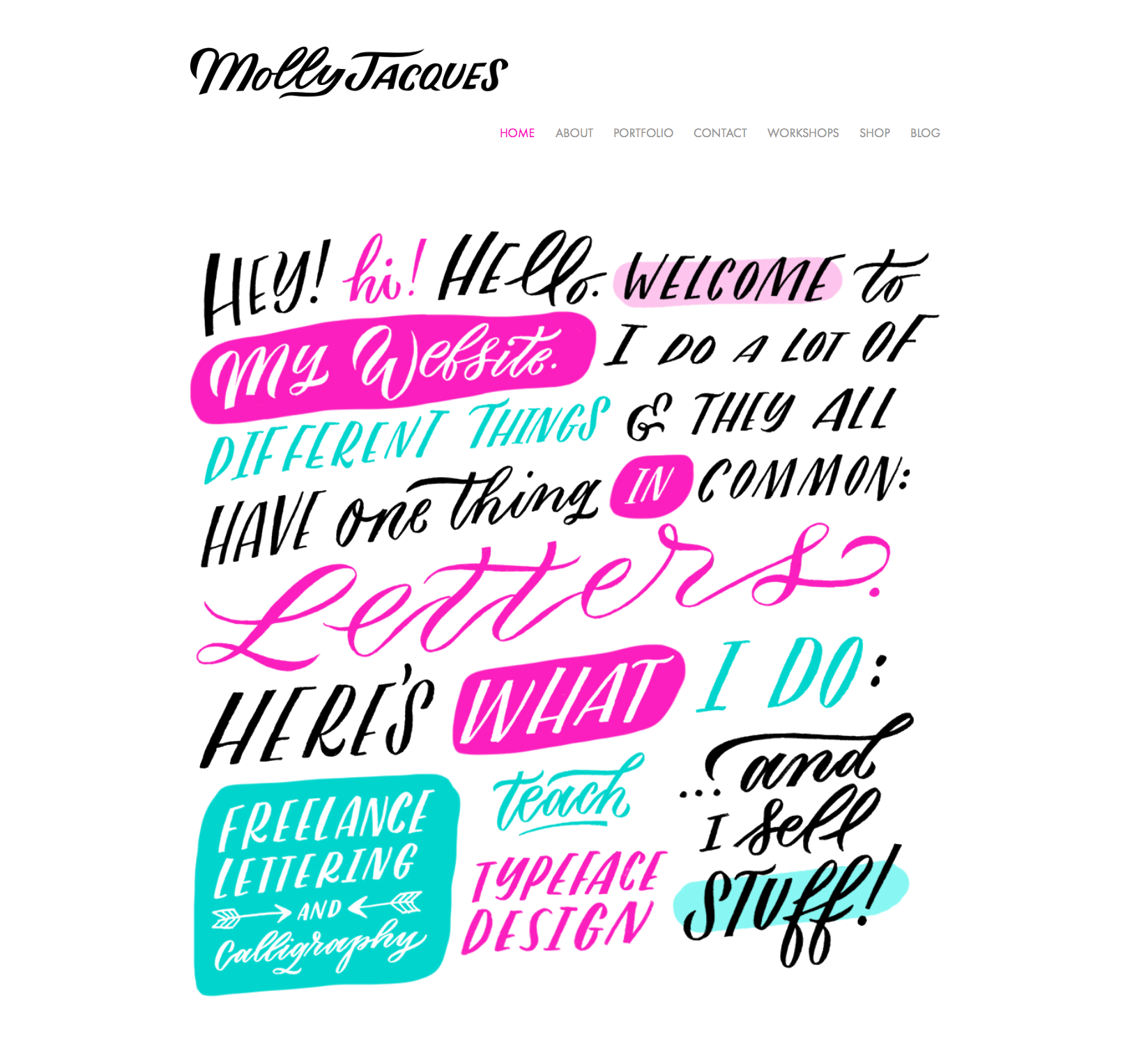 Molly Jacques is a well-known letterer and illustrator, and she cleverly uses her skills to outline her services in a way that draws visitors in and gives them a great first impression.