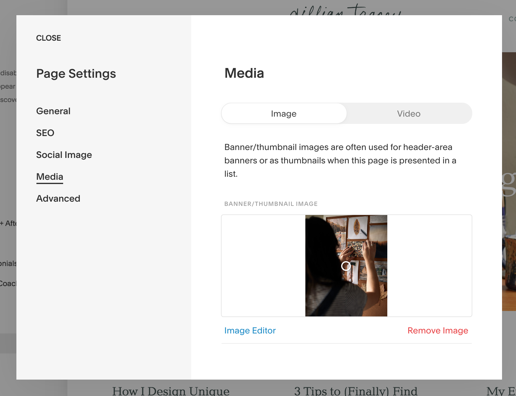 To open page settings, go under your Pages panel, find your Test page and click the gear icon. This will open a window like this one where you can change the page’s Navigation Title, URL, page description for SEO, and add in banner/hero images.