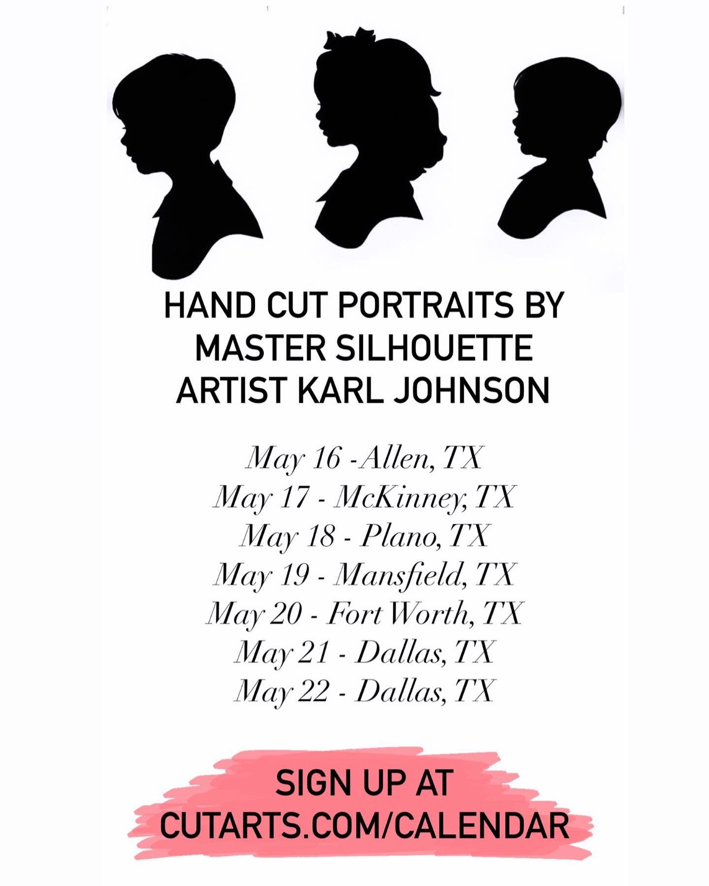 My Dallas area tour starts next week! Are you signed up yet? Grab your appointment now at https://www.cutarts.com/calendar or at the link in my bio.

#cutarts #karljohnson #silhouetteartist #dallasmoms #planomoms #mckinneymoms #allentxmoms #mansfield