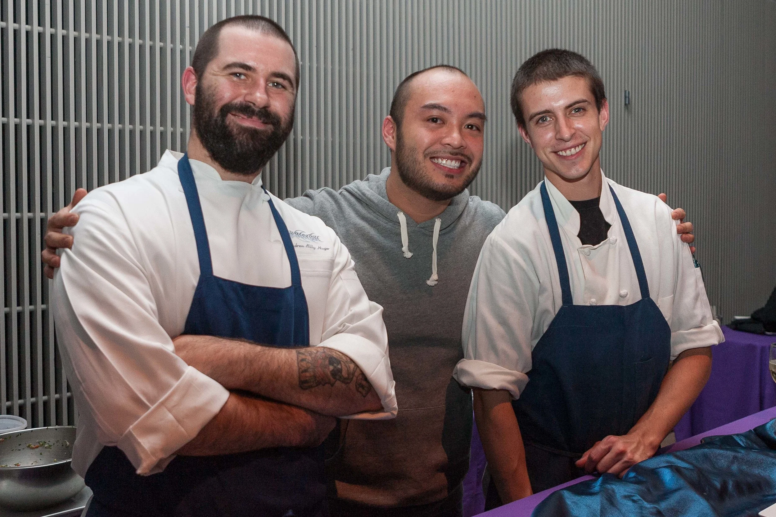 Chef Andrew Hager, Patrick Lacanlale and Chef Seth Morn, Waterbar. Photo by Drew Altizer