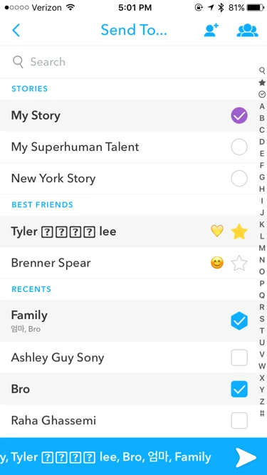 Chose contacts to share the snap
