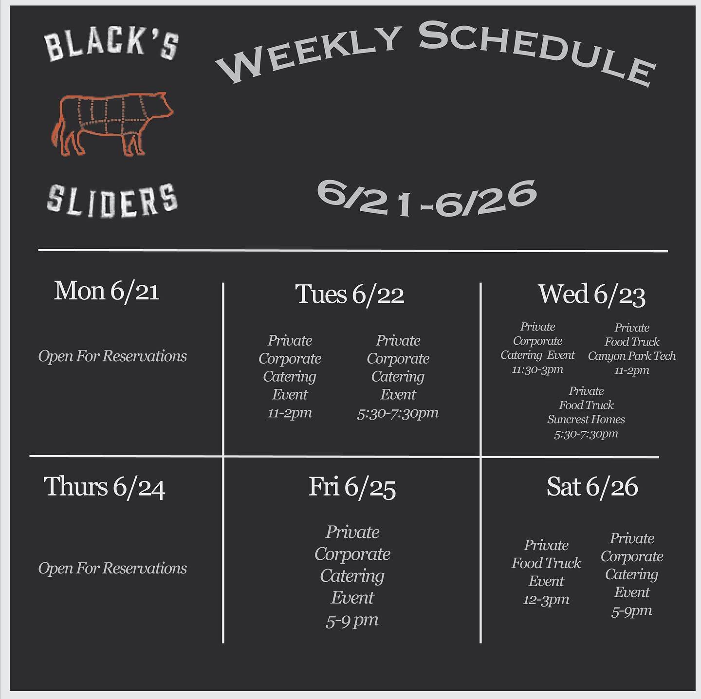 this weeks schedule! we have three events on wednesday! Cant wait to serve everybody!

#foodtruck #blackssliders #burgers