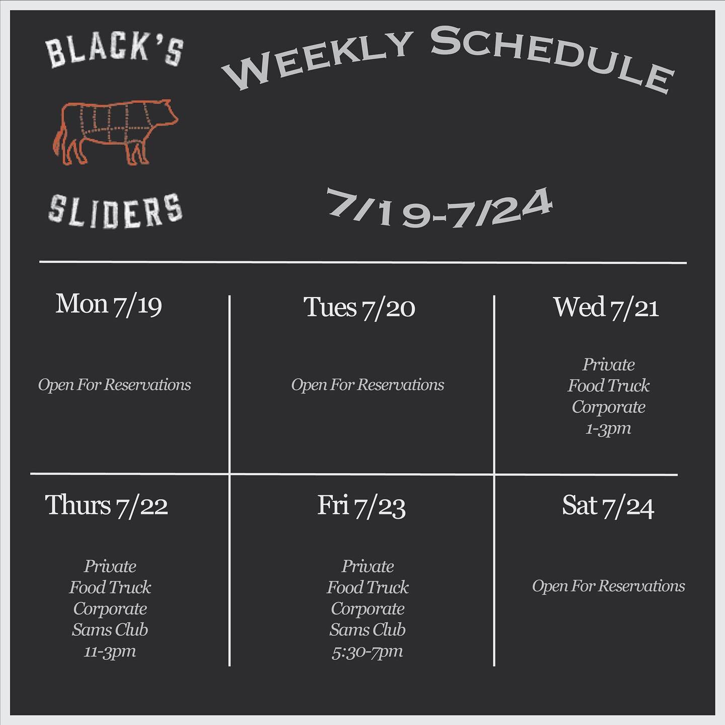 This weeks schedule! We will post our schedule every monday/ sunday! If any events are public send me a private message and so can get you with a coupon! Happy July 24!

#holiday #food #utah #sliders #fries