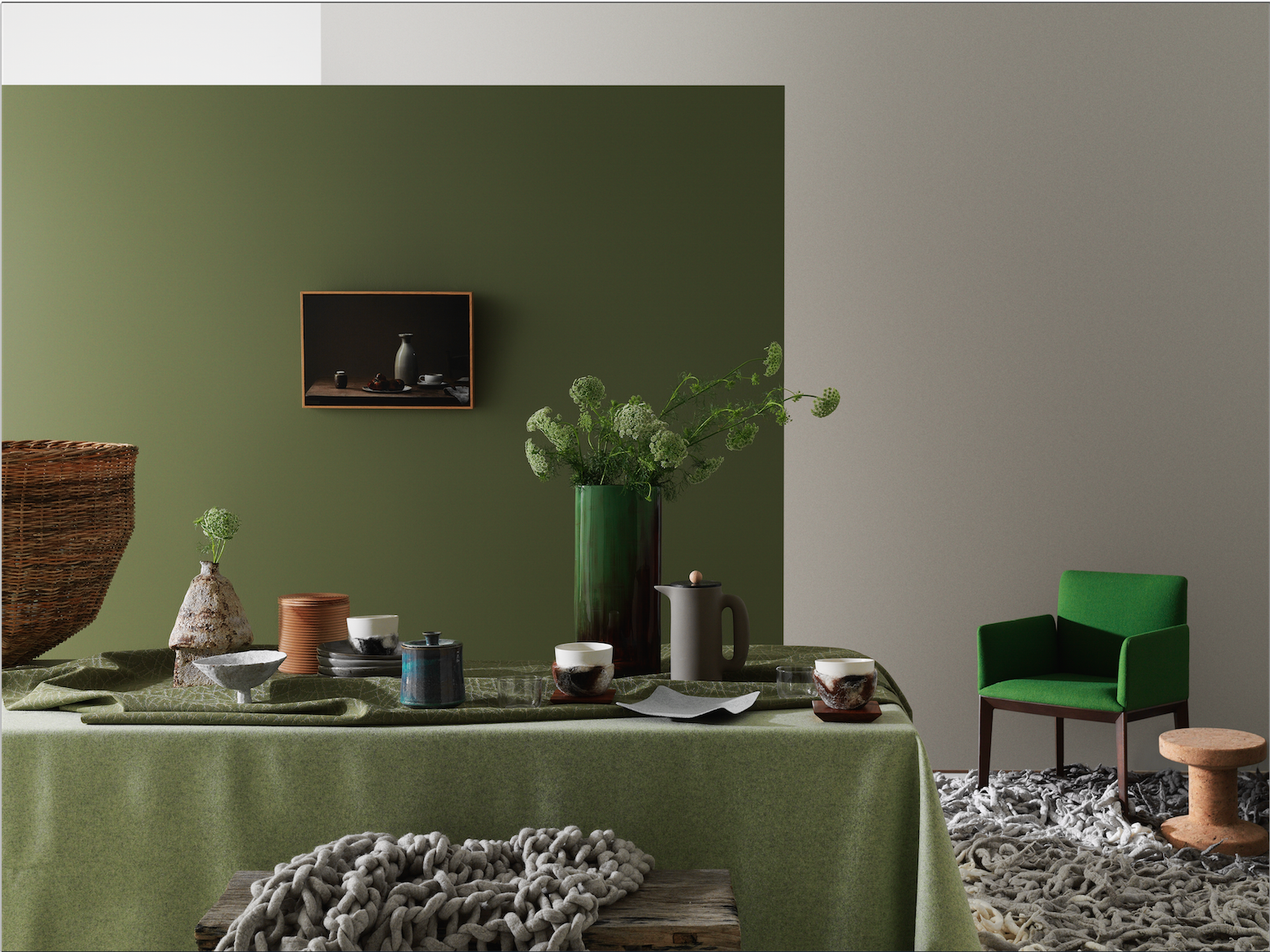 From left to right: woven bamboo basket, from Spence and Lyda ; ‘Divina MD’ wool fabric, from Kvadrat Maharam ; ‘Como’ wool fabric, from Sustainable Fabrics ; ceramic vase and bowl, from Small Spaces ; lidded vessel, from Spence and Lyda ; Robert Gordon ‘Terra’ dinner plates, from Living Edge ; ‘Cosy’ cup, from Grace Woods Designs ; ceramic box, from Spence and Lyda ; Felix Forest in collaboration with Clare Delmar ‘Still’ artwork, from Becker Minty ; Theodore Alexander ‘Waterfall shimmer’ vase from Laura Kincade ; Muuto ‘Push’ coffee maker, from Living Edge ; wool felt dish, from Local Design ; ‘Cosy’ cup, from Grace Woods Designs ; Jacqueline Fink chunky wool throw, from Little Dandelion ; timber bench seat, from MCM House ; Andreu World ‘Pillow’ wool-upholstered chair, from KE-ZU ; ‘Model B’ cork stool, from Living Edge ; Jacqueline Fink ‘Woolie shag’ rug, from Little Dandelion ; walls painted with Porters ‘Maidenhair’ (left) and ‘Chipmunk’ (right).