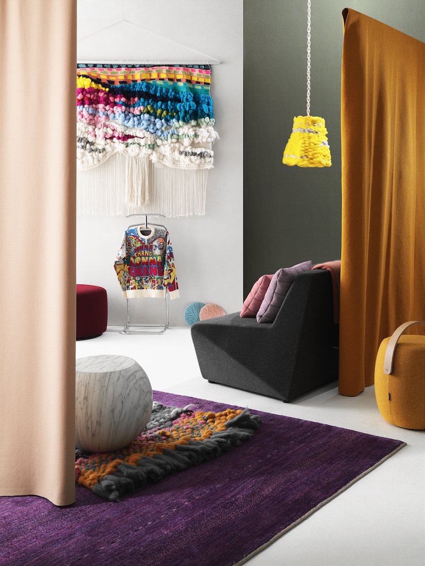 Clockwise from left: ‘Cumulus’ wool fabric, from Warwick Fabrics ; ‘Arty’ wool-upholstered ottoman, from Arthur G ; wool wall hanging, by Natalie Miller Design ; Wah-Wah x Donna Chang wool jumper, from Wah-Wah; ClassiCon ‘Mandu’ clothes valet, from Anibou ; House of Six oversized wool dots by Karina Pires, from Local Design ; ‘Cumulus’ wool fabric, from Warwick Fabrics ; wool pendant light, by Natalie Miller Design ; Tom Fereday ‘Flint’ wool-upholstered sofa, from Local Design ; wool throw, from Country Road ; HAY ‘Dot’ cushions, from Cult Design ; ‘Coda’ wool fabric, from Kvadrat Maharam ; Offect ‘Carry On’ wool stool, from Cult Design ; ‘Ameleh’ 100% pure wool rug, from Robyn Cosgrove Rugs ; chunky multi-coloured wool rug, by Tammy Kannat ; Cappellini ‘Bong’ side table, from Cult Design .