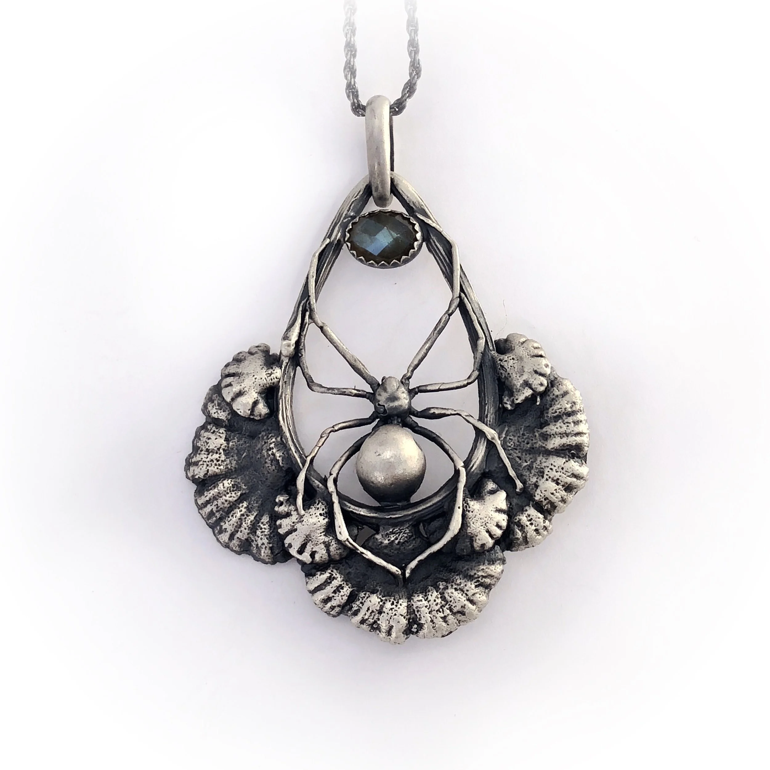 Black Widow Spider, Split Gill Mushroom and Stone Necklace