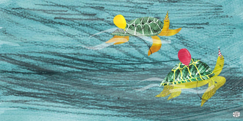 "A couple of turtles named Shelby and Marty, bobbed passed the poor whale on their way home from a party."