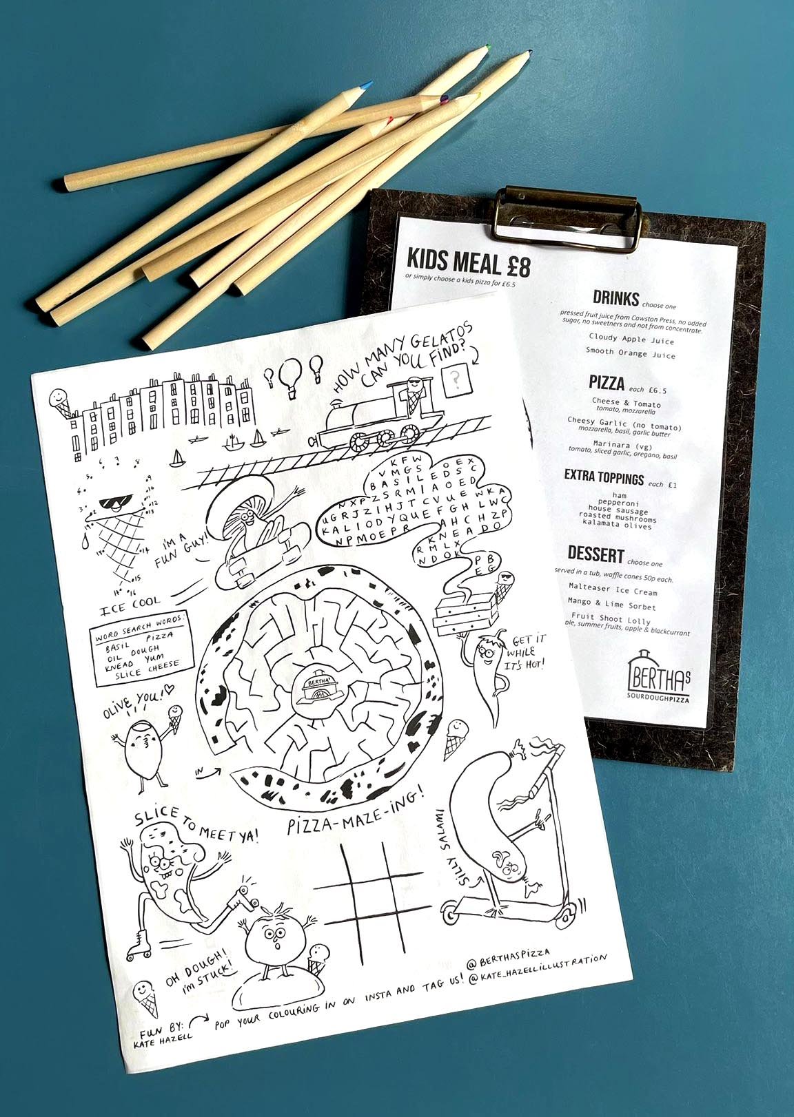 Kids activity page for Bertha's Pizza.