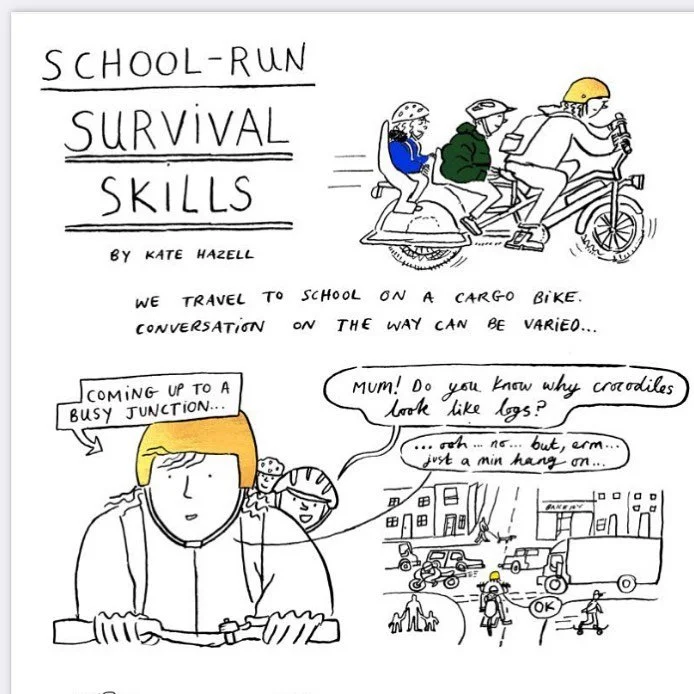 Survival Skills - learning survival skills from a 7 year old while trying to survive the cycle commute. Link in bio for the whole thing- it doesn&rsquo;t fit on insta 🤓

#diarycomic #dailyconversation #survivalskills #parenting #cycletoschool #bikes